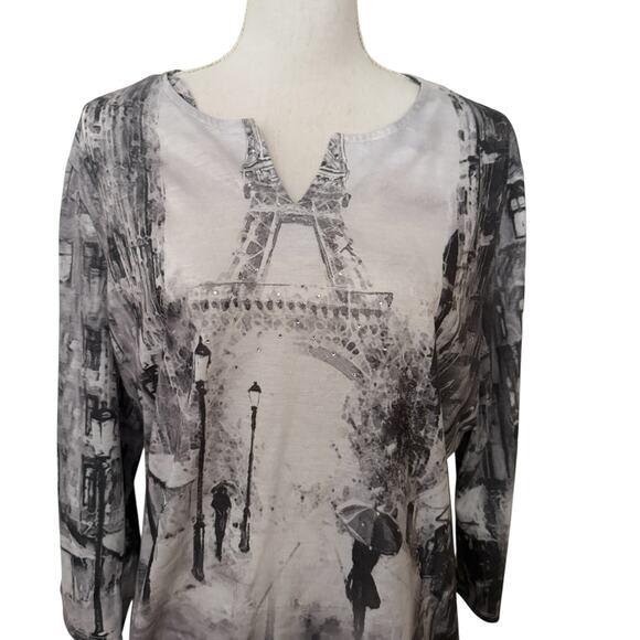 Weekend By Chicos Gray Tone Paris Quarter Sleeve Bling Hi Low Blouse Plus Size 3 - Picture 9 of 9